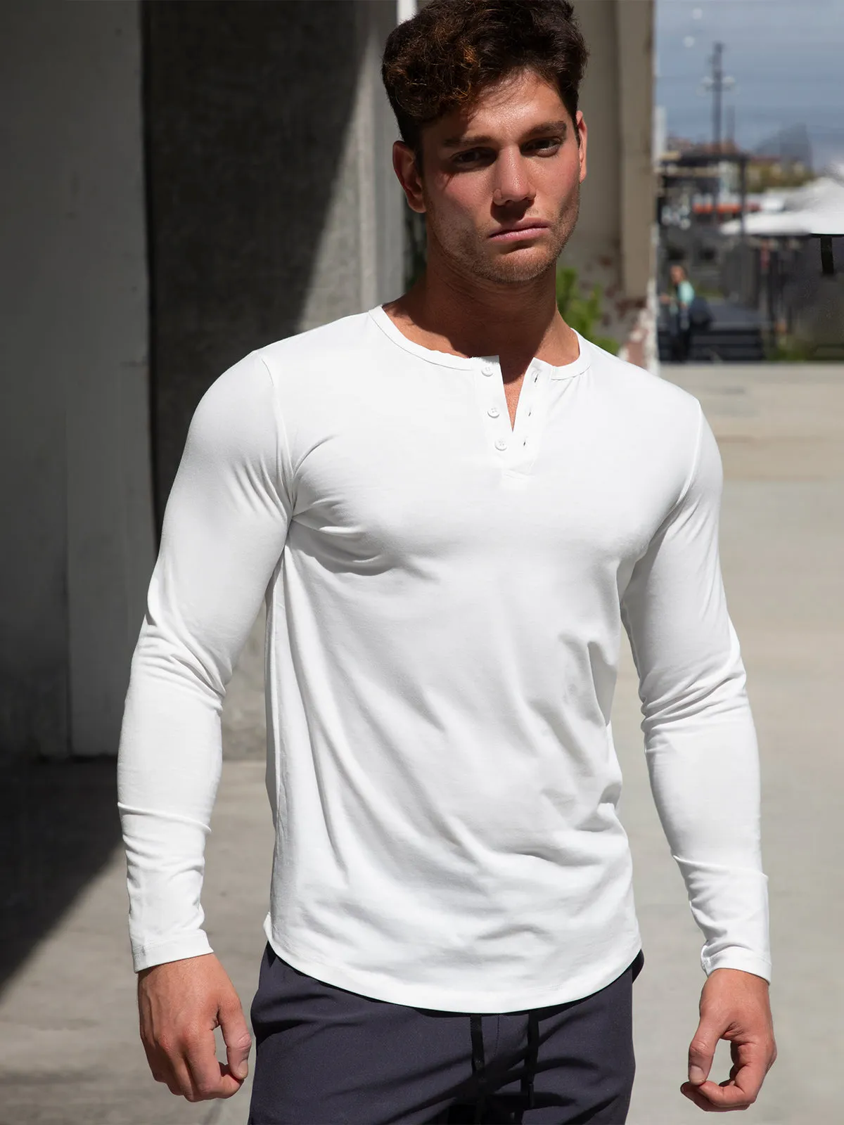 All Day Elite Henley Curve-Hem Long Sleeve