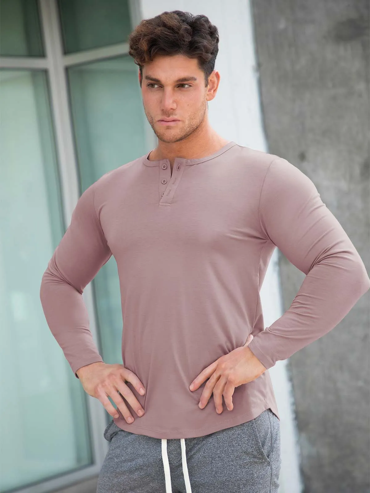 All Day Elite Henley Curve-Hem Long Sleeve