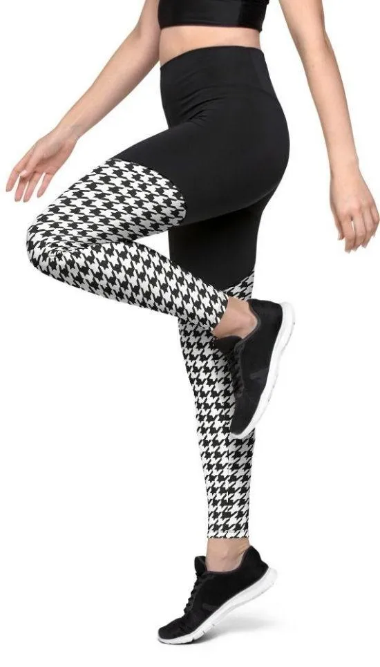 Black & White Houndstooth Print Compression Leggings