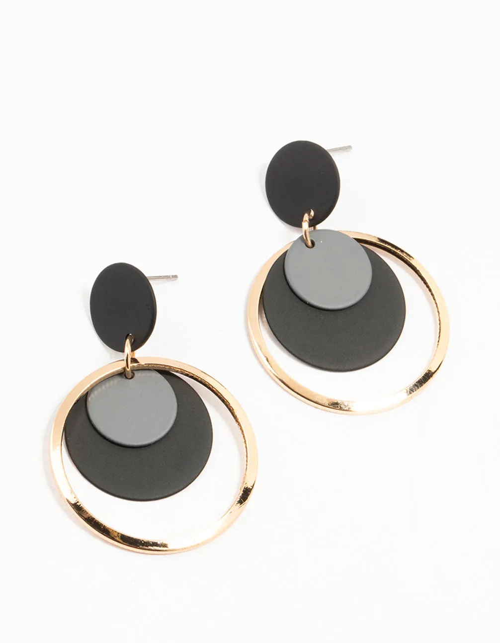 Black Coated Layered Disc Drop Earrings