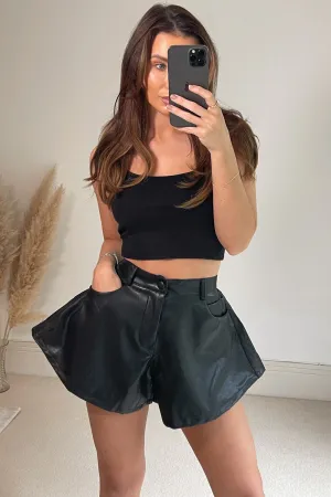 Black PU Faux Leather High Waisted Flared Shorts