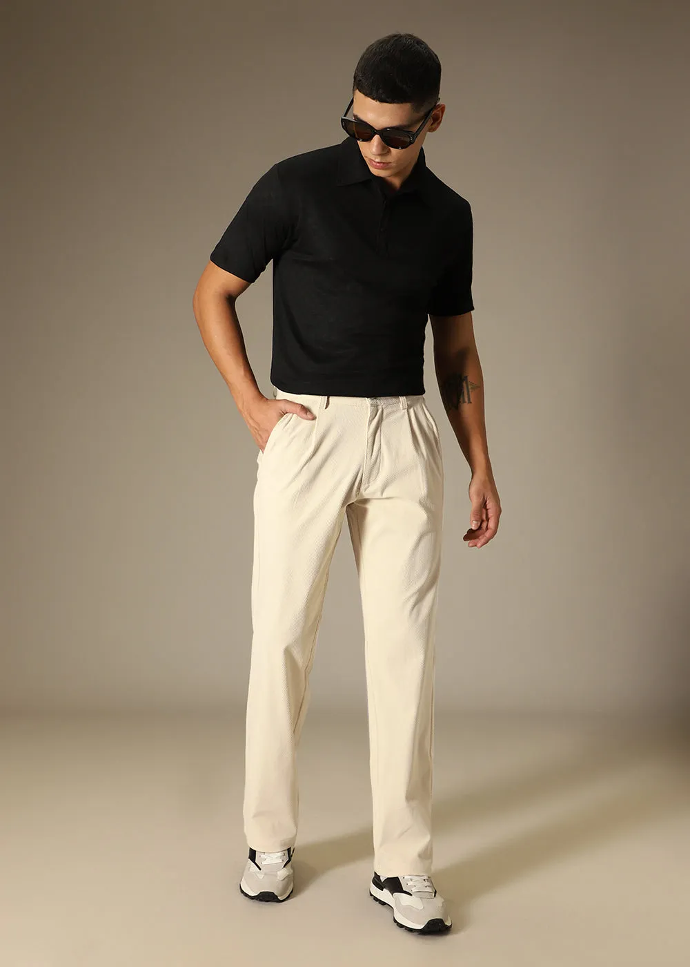 Cream Textured Corduroy Pant