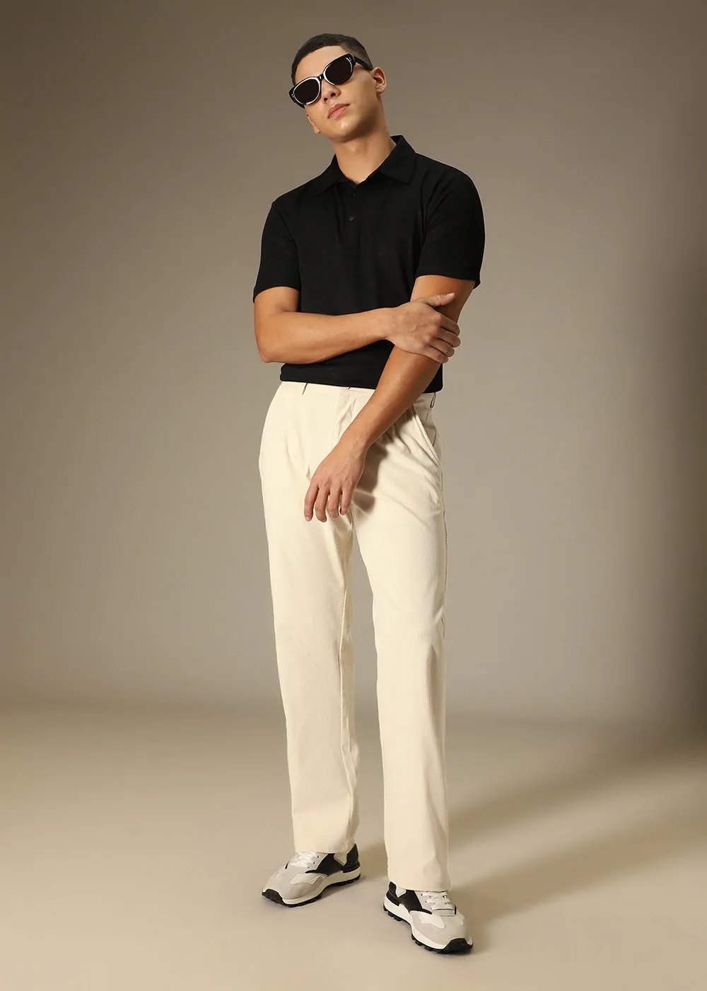 Cream Textured Corduroy Pant