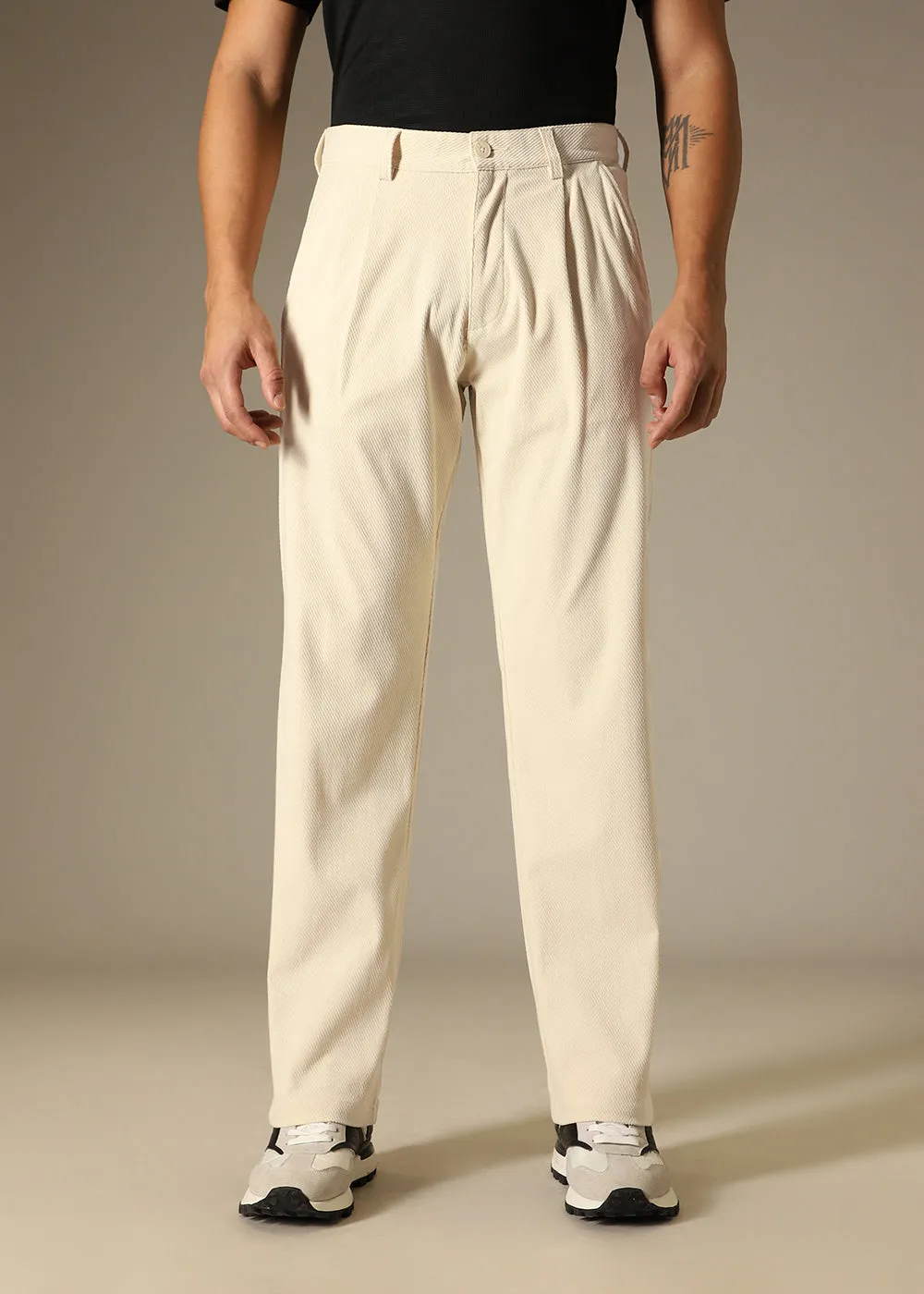 Cream Textured Corduroy Pant