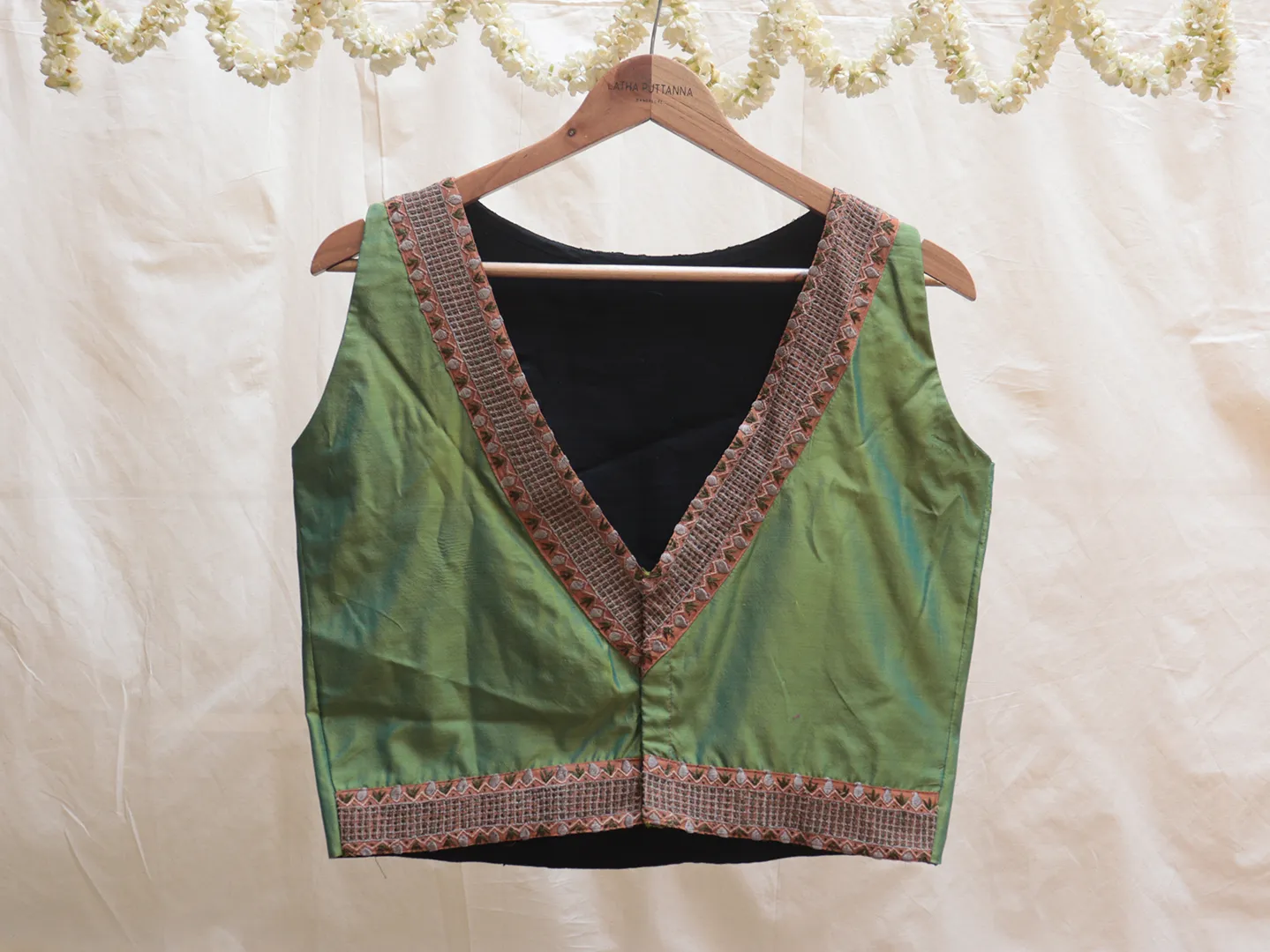 Crocodile green and black embroidery blouse