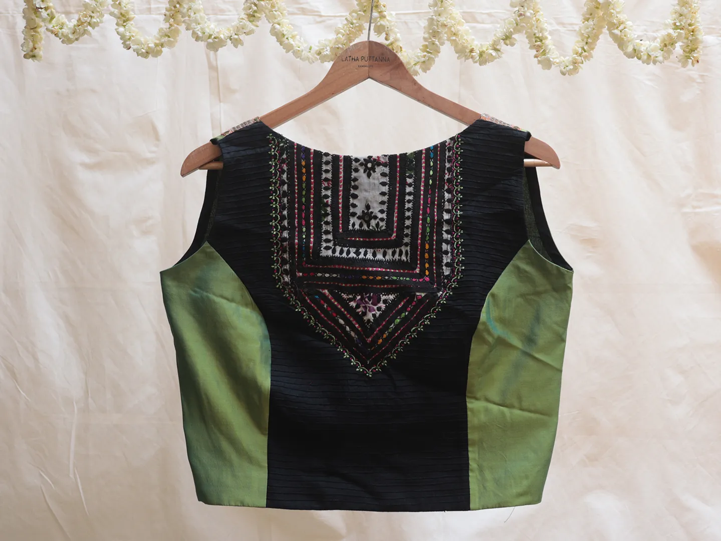 Crocodile green and black embroidery blouse