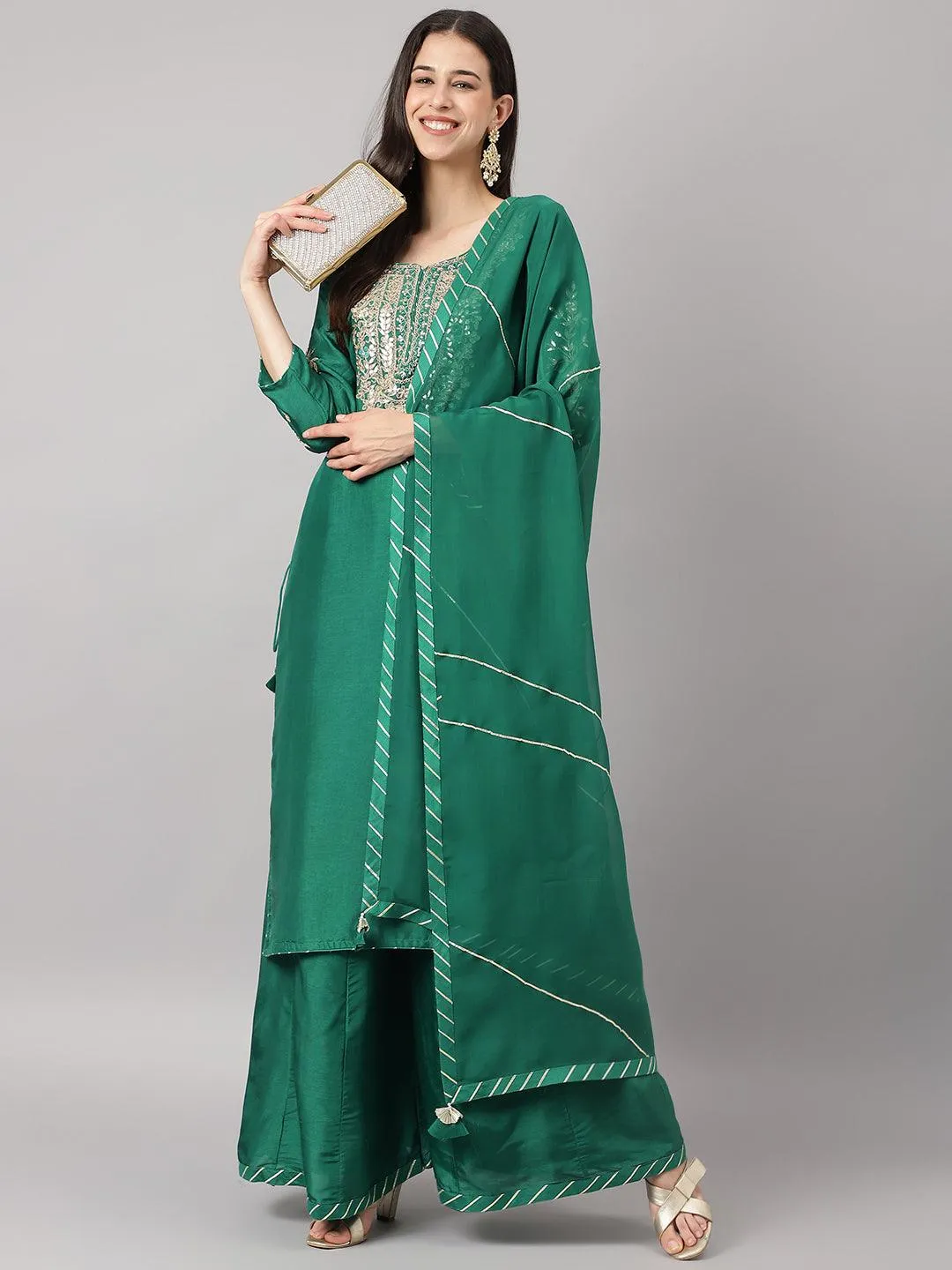 Divena Green uppada silk Hand embroidery Kurta Sharara with Organza dupatta