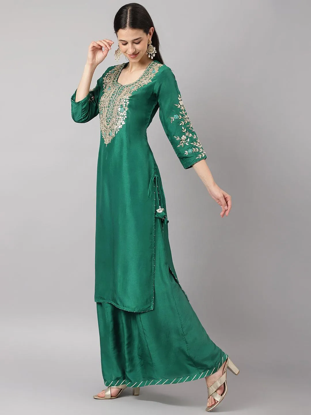 Divena Green uppada silk Hand embroidery Kurta Sharara with Organza dupatta