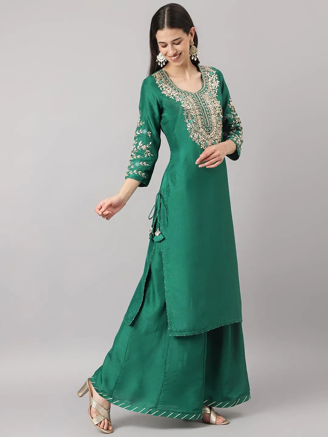 Divena Green uppada silk Hand embroidery Kurta Sharara with Organza dupatta