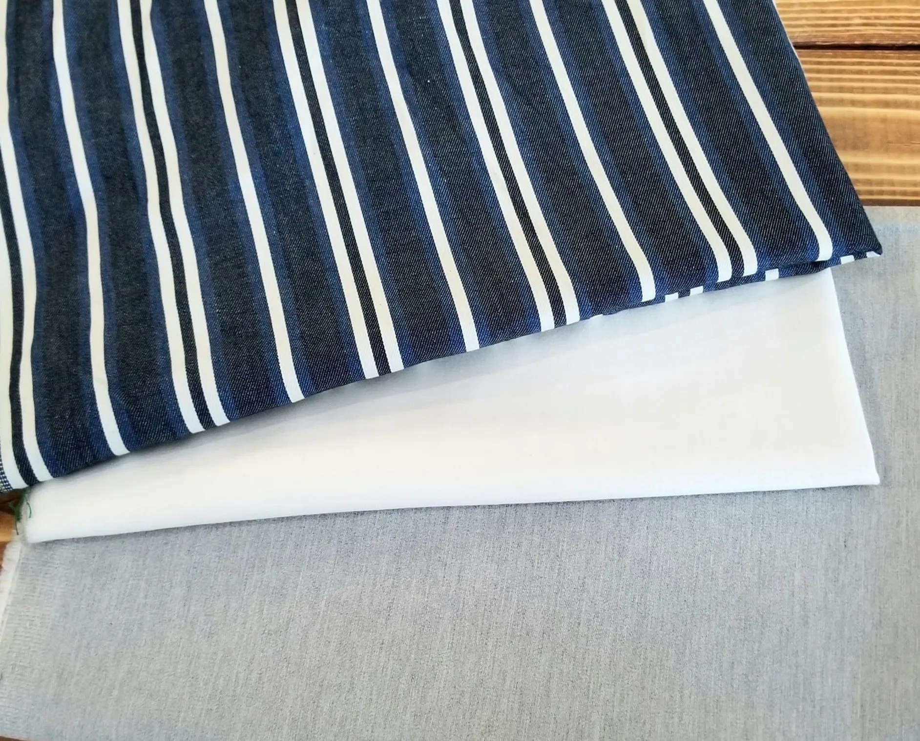 End of Bolt: 2-5/8th yards of Designer Deadstock Vertical Stripe Soft Tencel Denim Blend Shirting Weight Woven- remnant