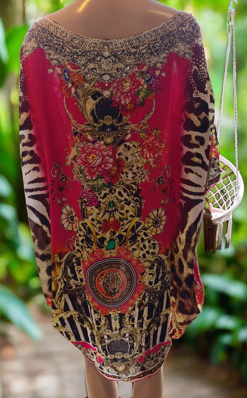 Garden Delight red Batwing Silk Embellished Hi-low Kaftan/Top by Fashion Spectrum