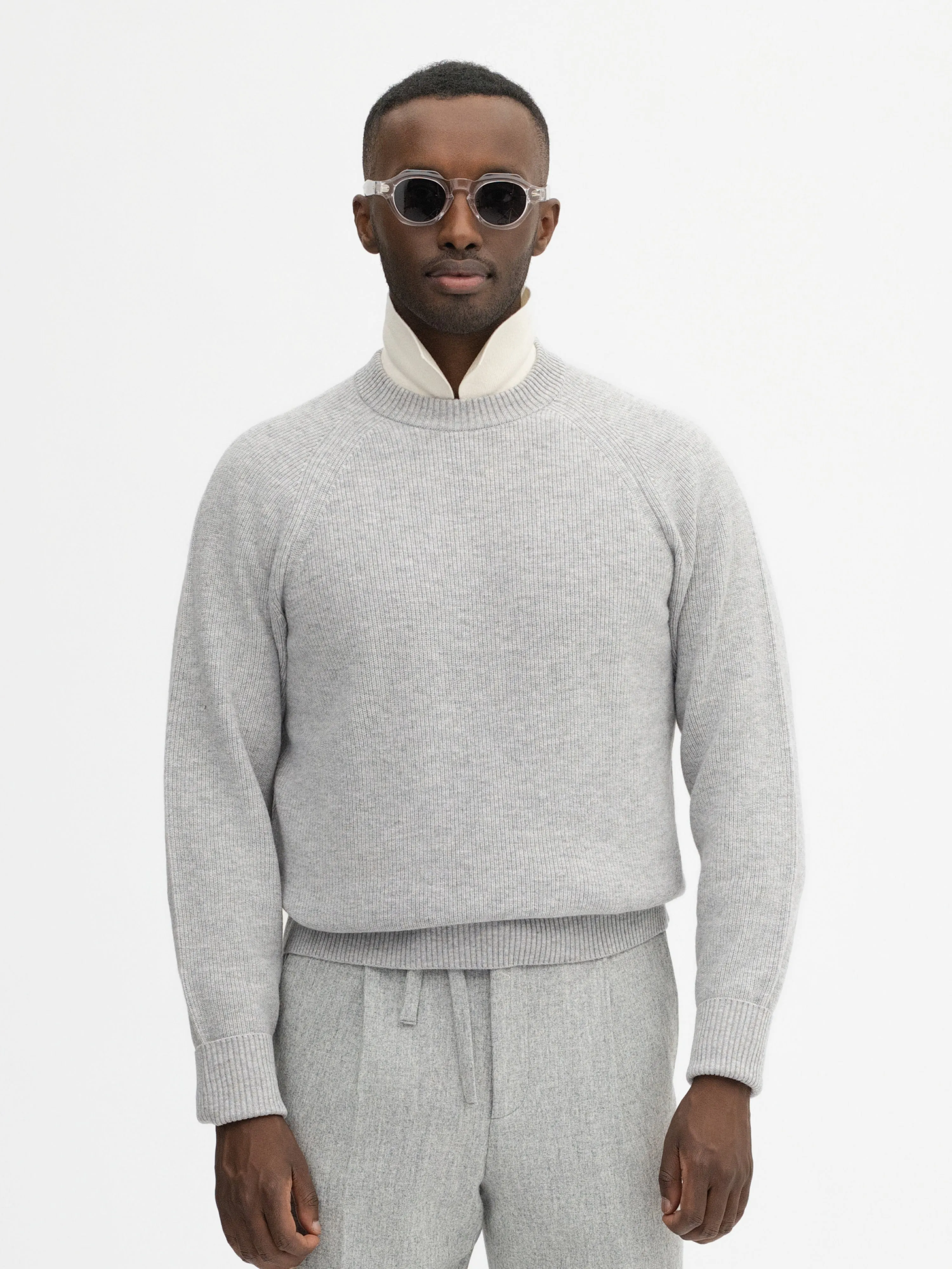 Grey Merino Wool Cashmere Raglan Crewneck