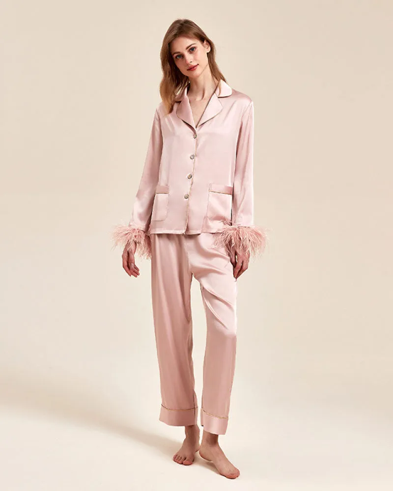 Luxury Detachable Ostrich-Feather Ice Silk Pajama