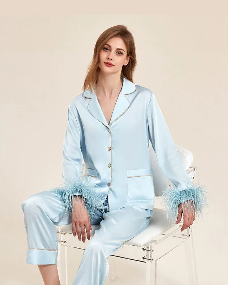 Luxury Detachable Ostrich-Feather Ice Silk Pajama