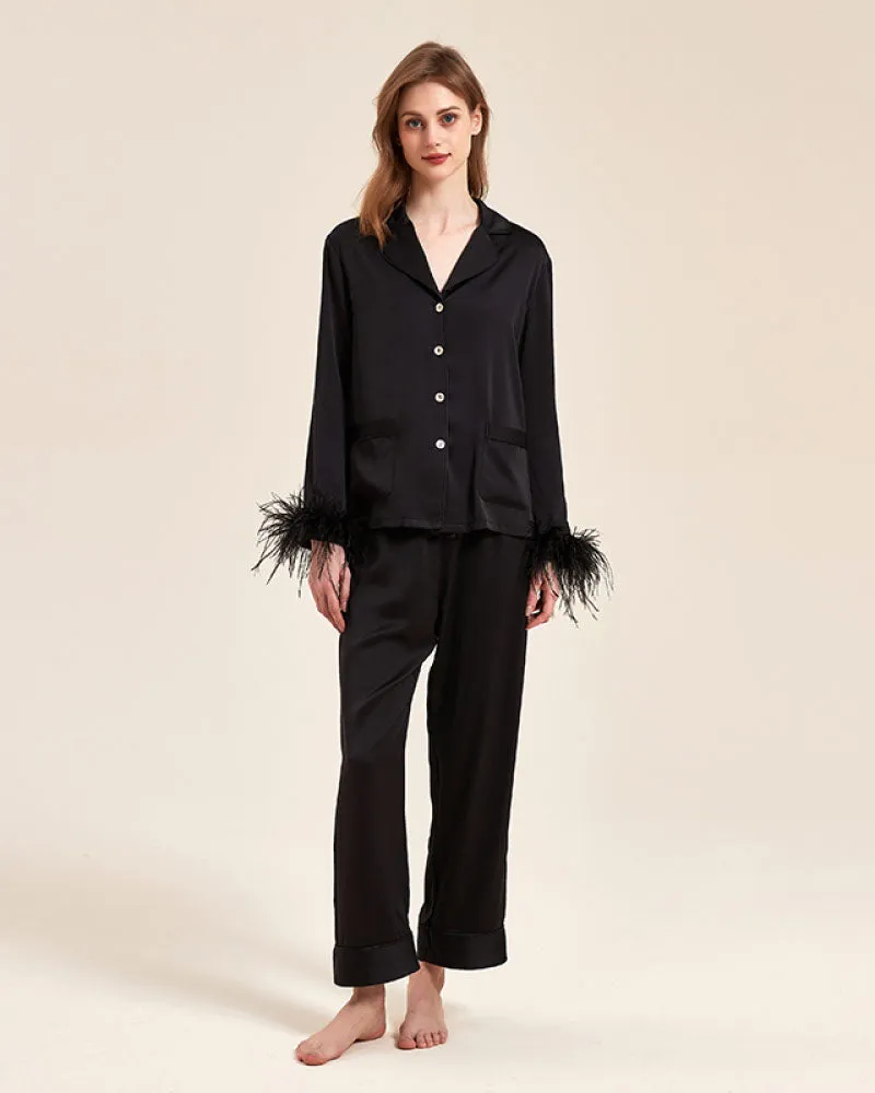 Luxury Detachable Ostrich-Feather Ice Silk Pajama