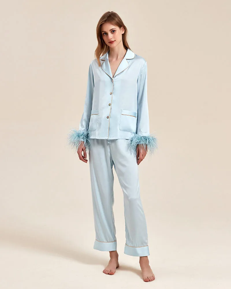 Luxury Detachable Ostrich-Feather Ice Silk Pajama