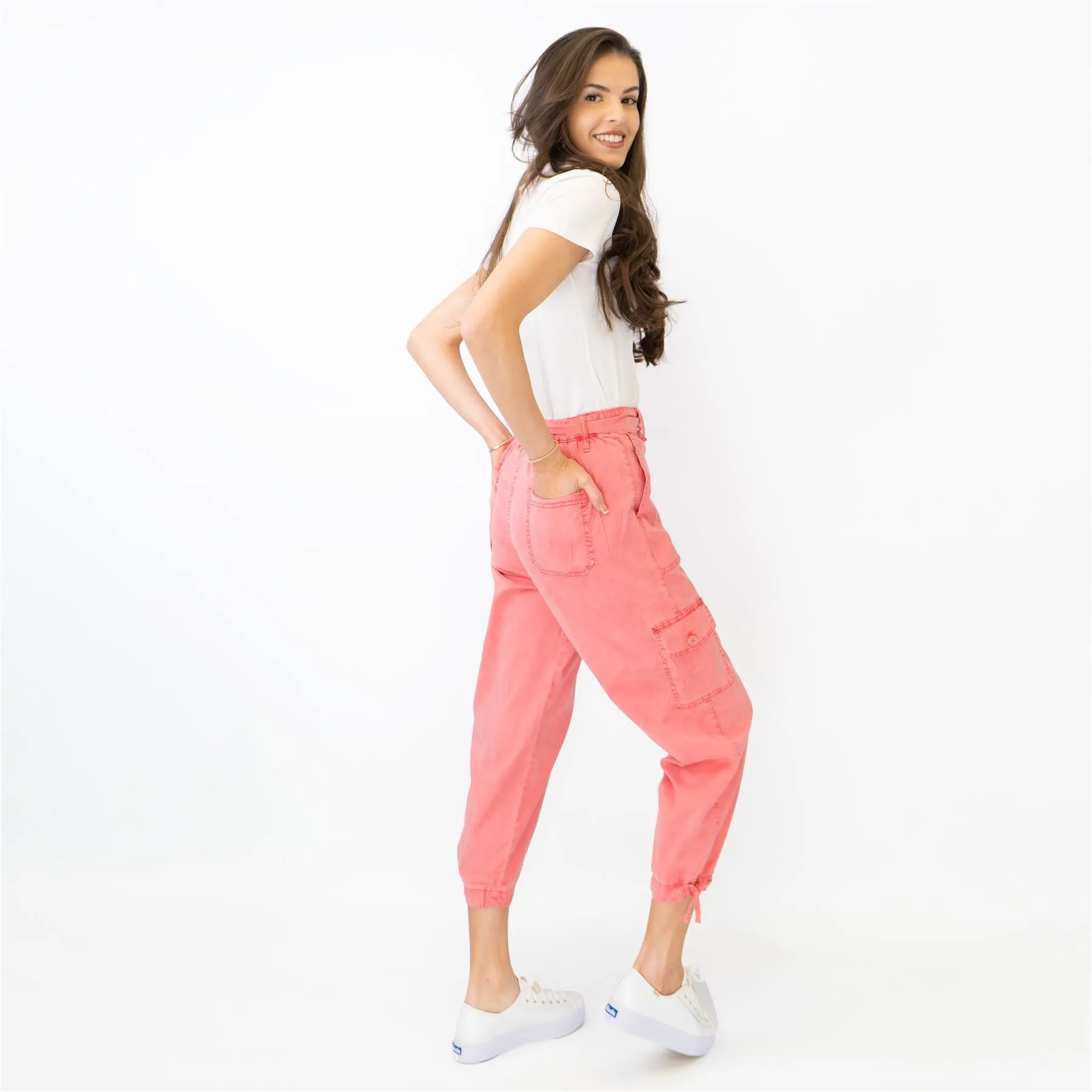 M&S Tencel Rich Pink Cargo Tapered Cropped Trousers