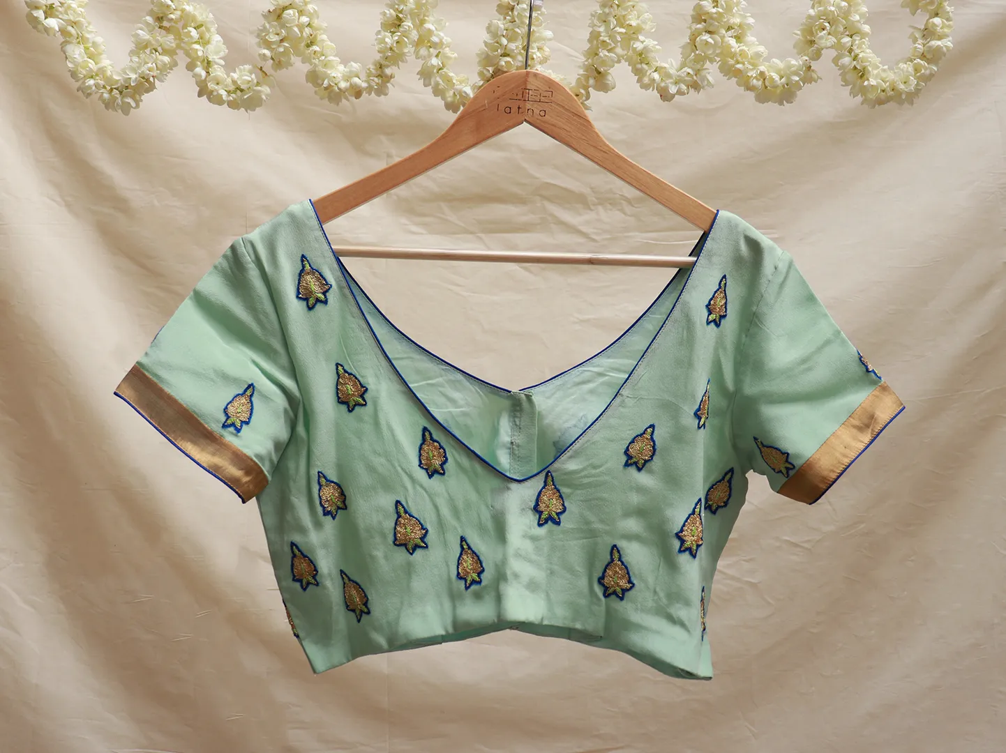 Mint Green crepe silk, Hand embroidery blouse