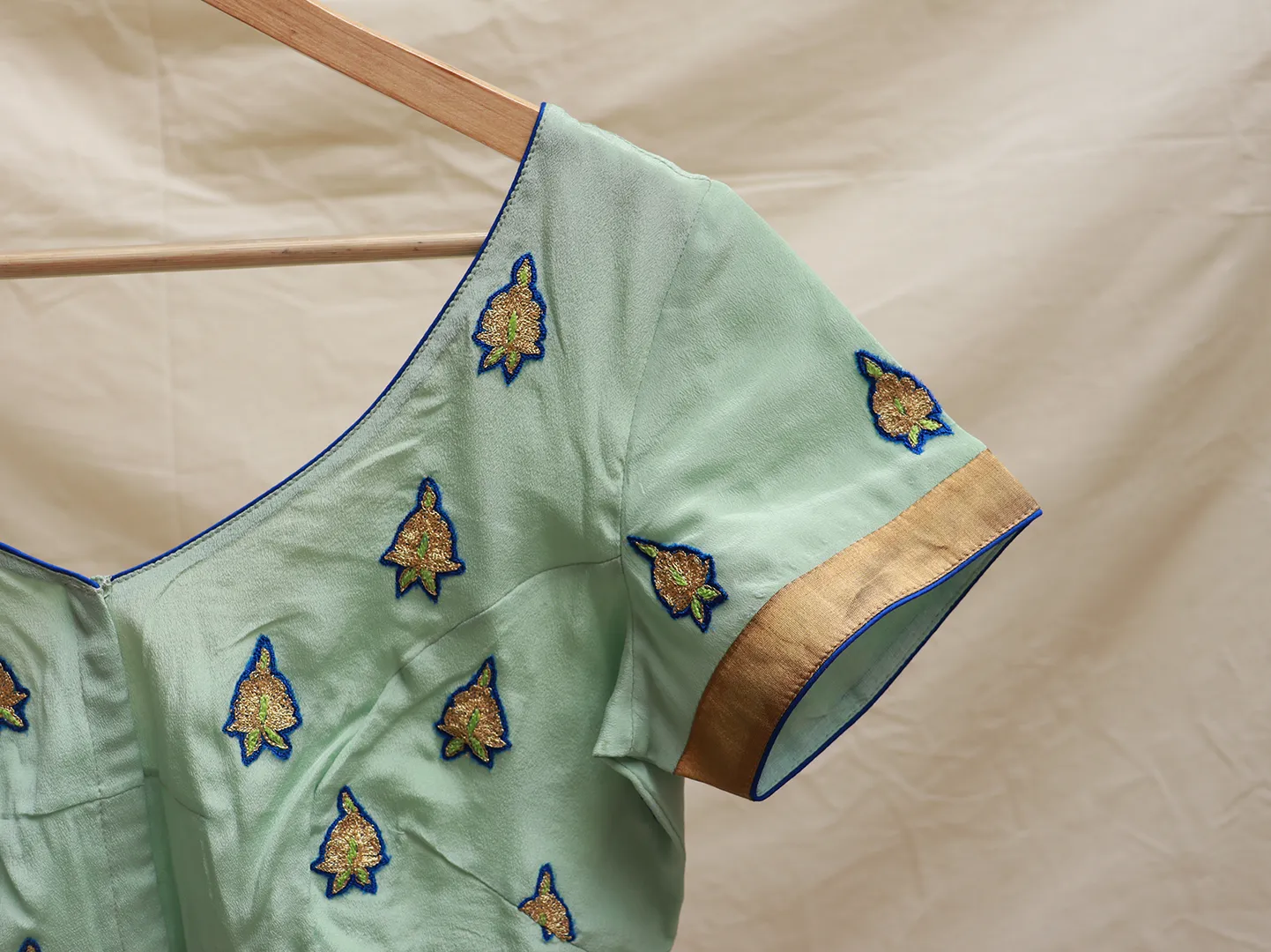 Mint Green crepe silk, Hand embroidery blouse