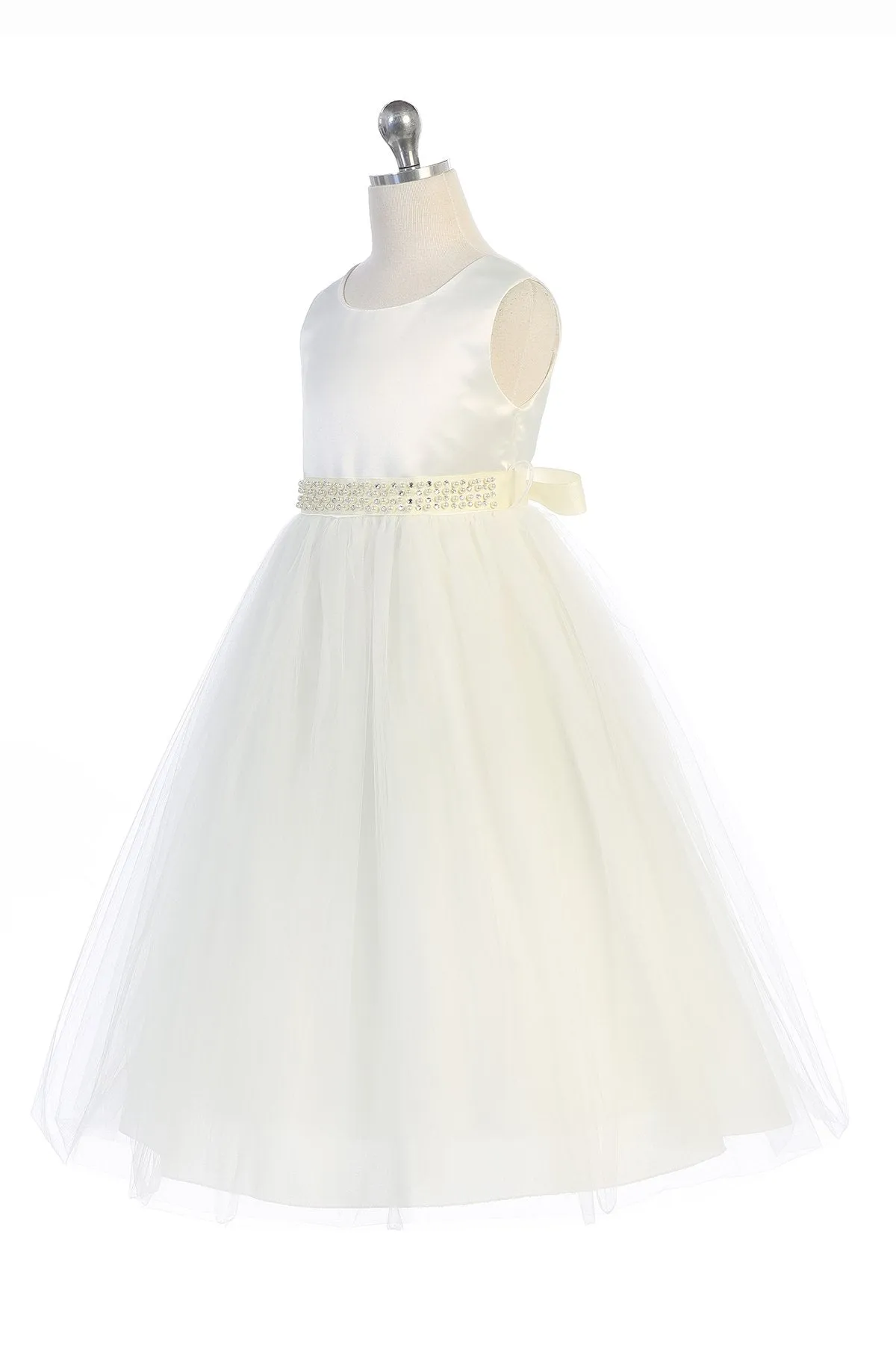 Pearl Rhinestone Satin & Tulle Girls Dress