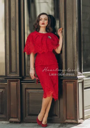 Red Lace Cape   dress - 50s 60s lace pencil dress with matching cape