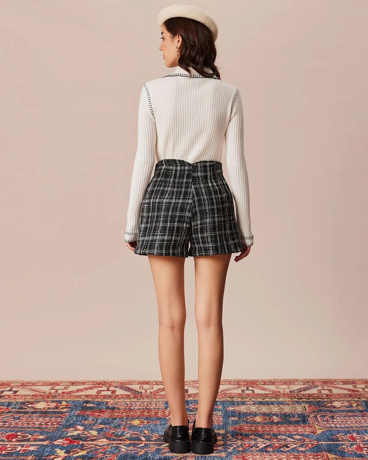 The Black Tweed Plaid Single Button Shorts