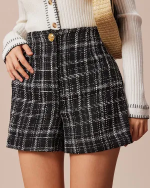 The Black Tweed Plaid Single Button Shorts