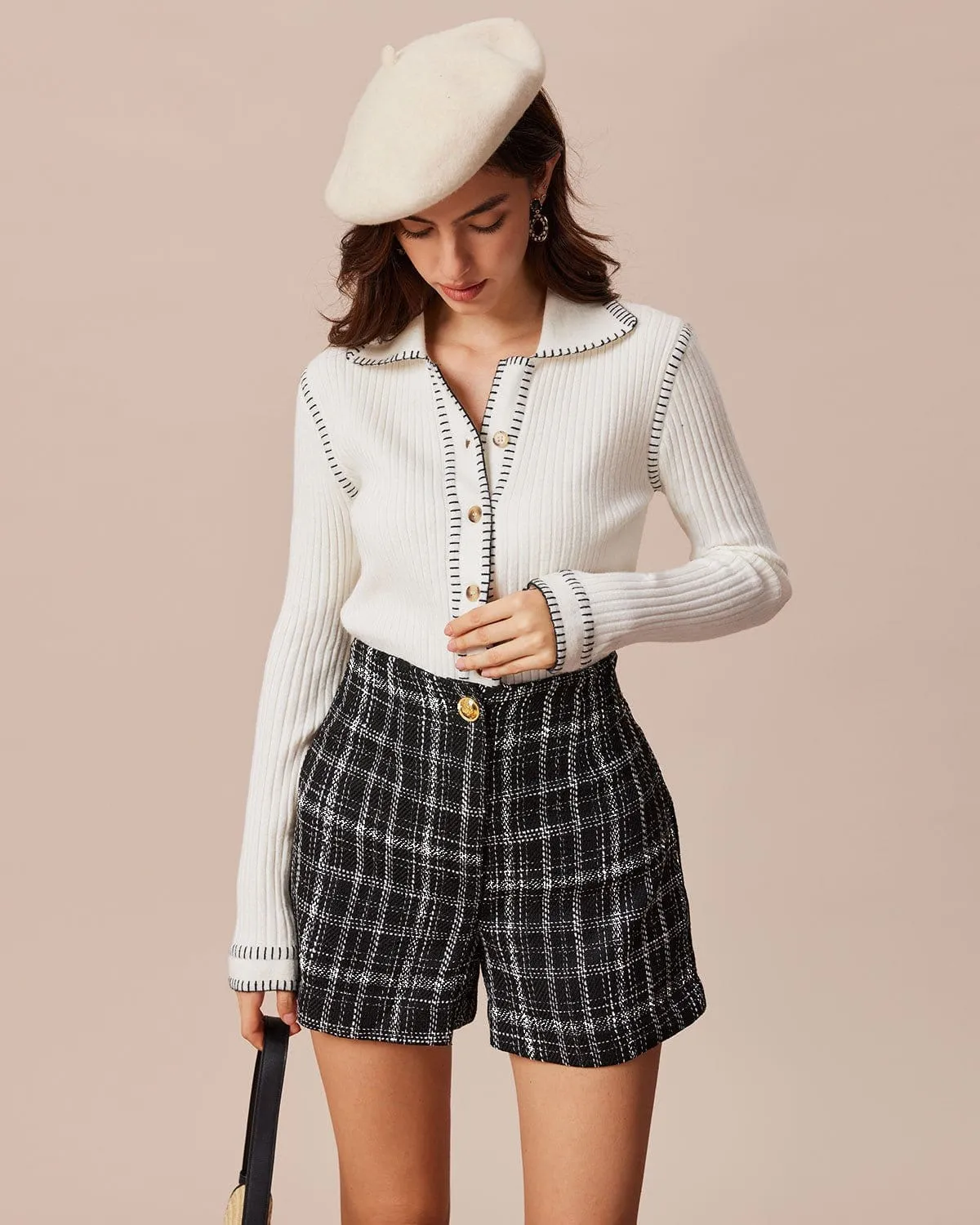 The Black Tweed Plaid Single Button Shorts