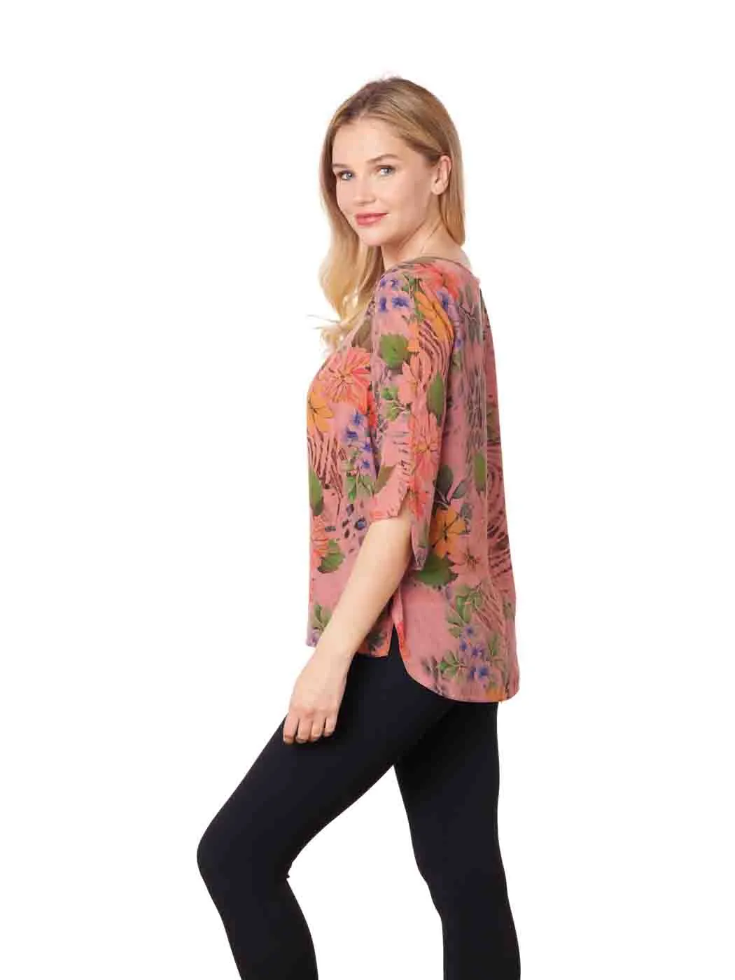 Tianello "Abigail" Print 100% Washable Silk Cailin Blouse-Grapefruit