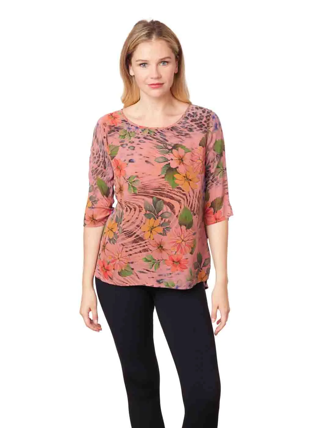 Tianello "Abigail" Print 100% Washable Silk Cailin Blouse-Grapefruit