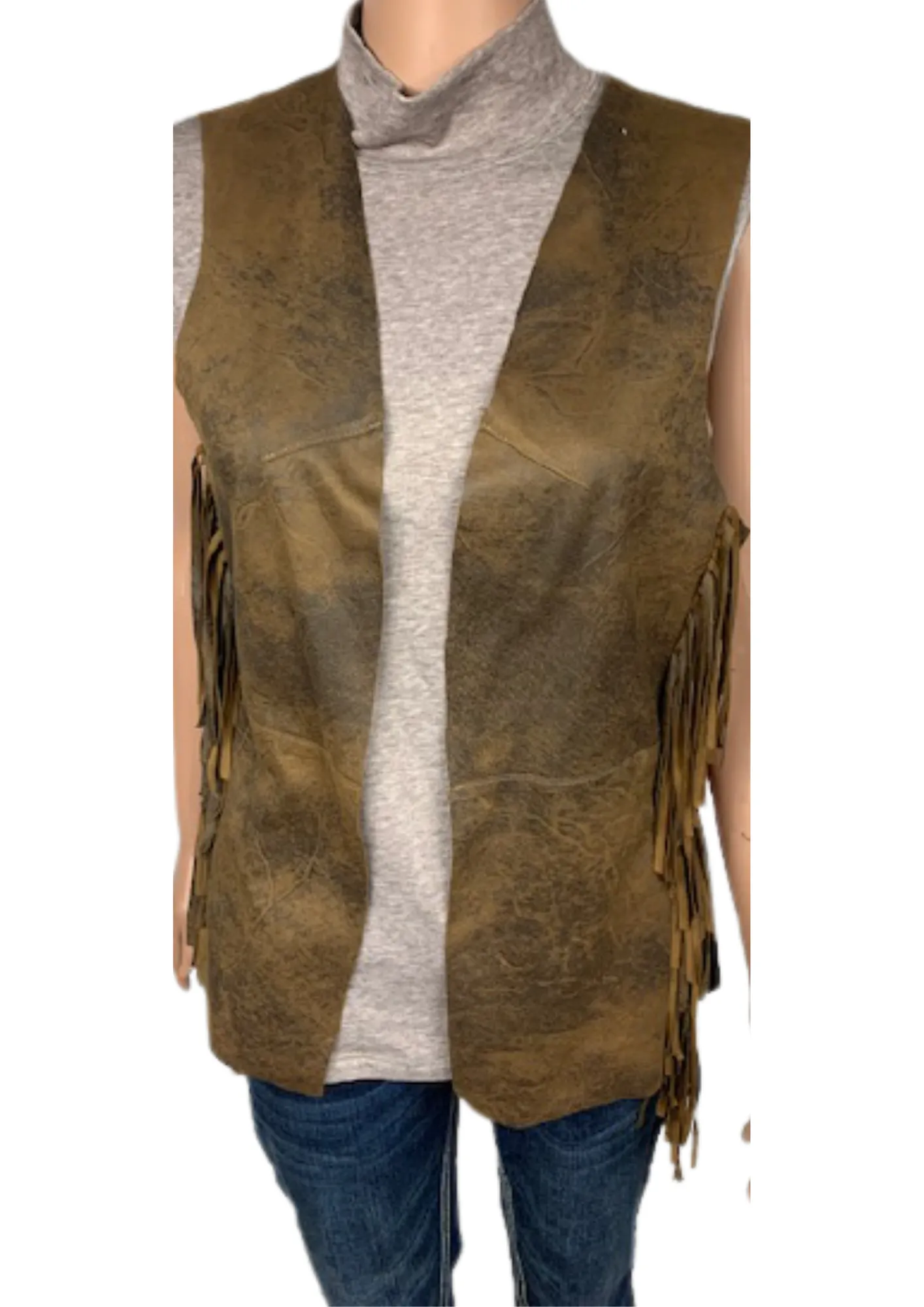 Women's Long suede Vest with side fringes - Brown (AF19111W)